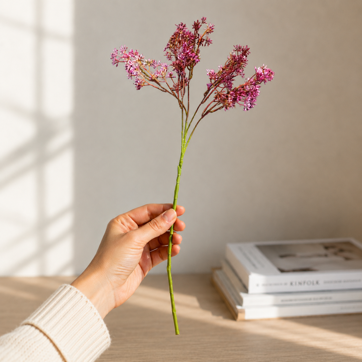 Single Artificial Pink Star Cluster Stem with lifelike blush pink flowers, ideal for floral arrangements and decorative vases.