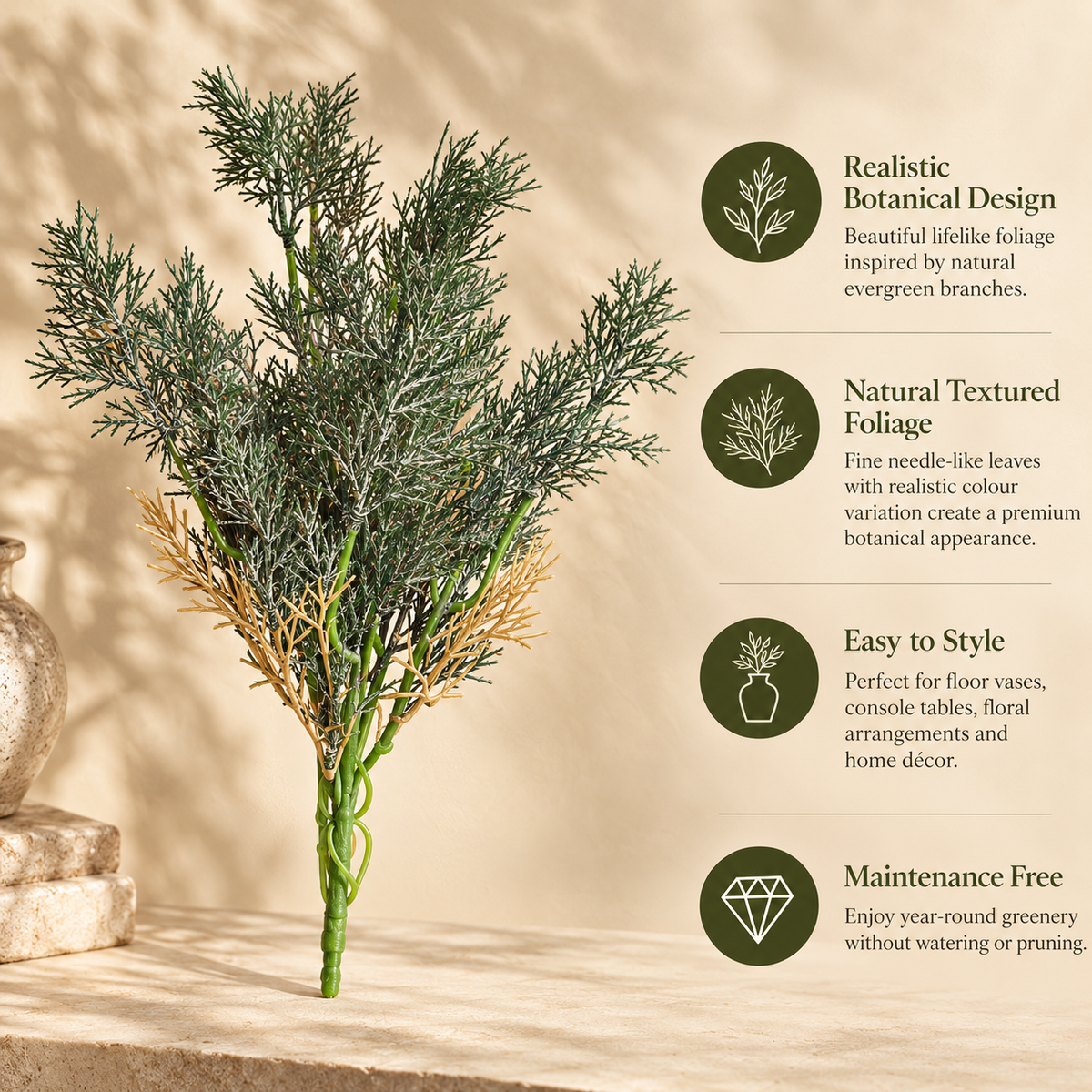 Features infographic of the Artificial Green Foliage Bunch highlighting realistic botanical design, natural textured foliage, easy styling, and maintenance-free décor.