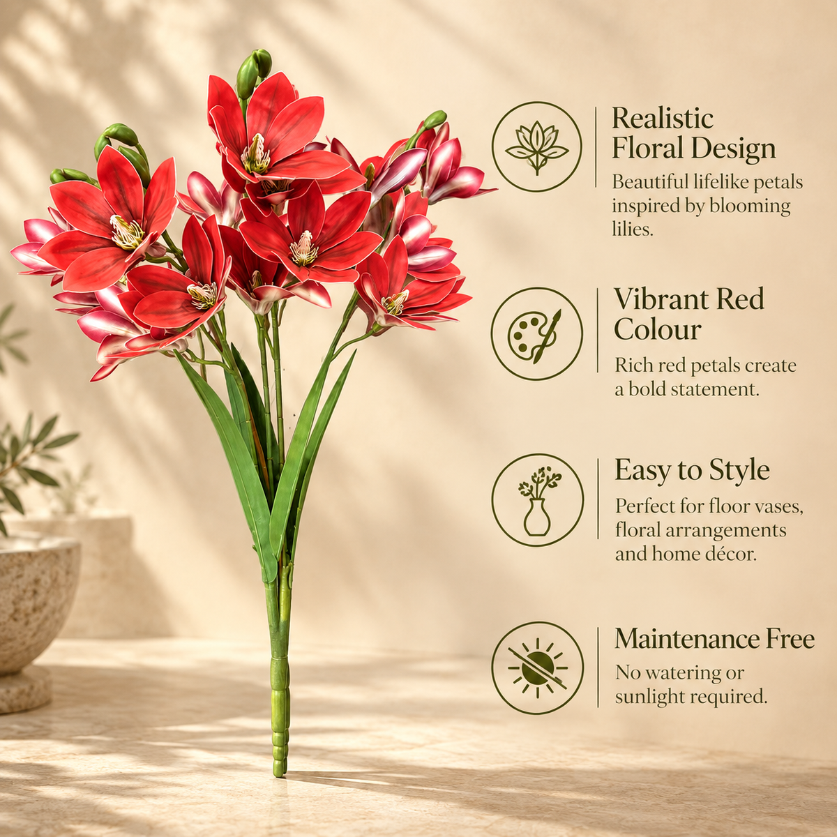 Features an infographic of Artificial Red Orchid Spray highlighting realistic floral design, vibrant red colour, easy styling, and maintenance-free décor.
