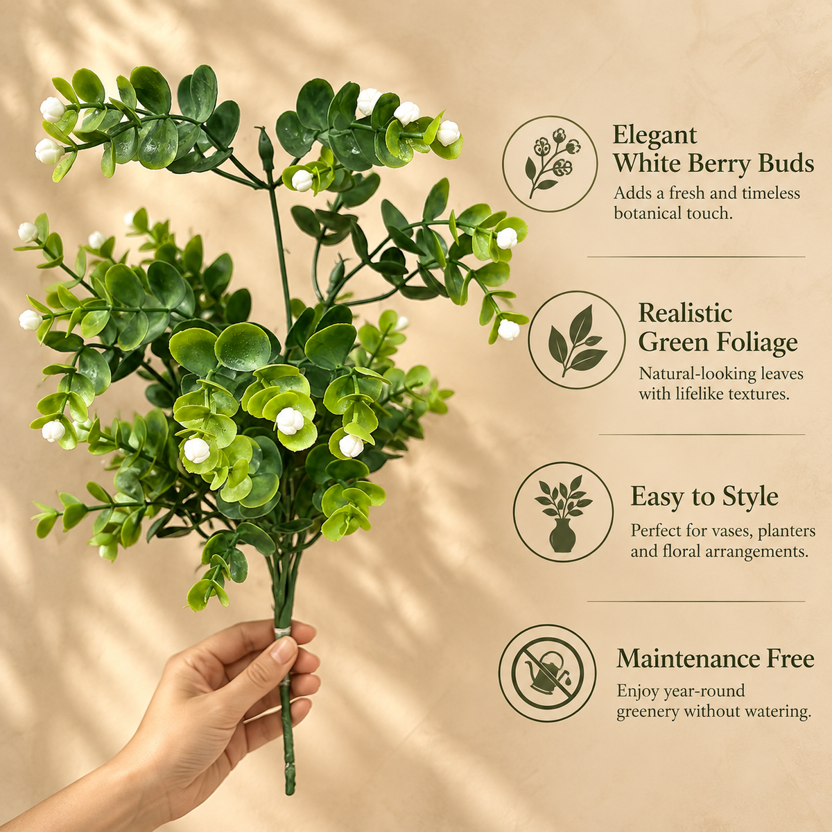 Features infographic highlighting realistic green foliage, elegant white berry buds, easy styling, and maintenance-free artificial eucalyptus bunch.
