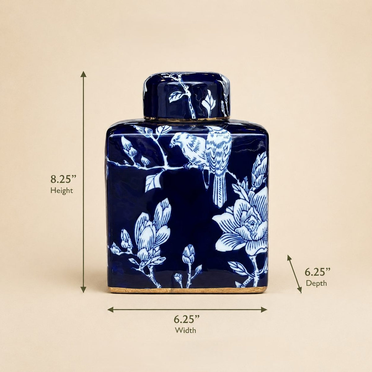 Dimensions of the blue and white hand-painted ceramic ginger jar showing 8.25-inch height and 6.25-inch width and depth.