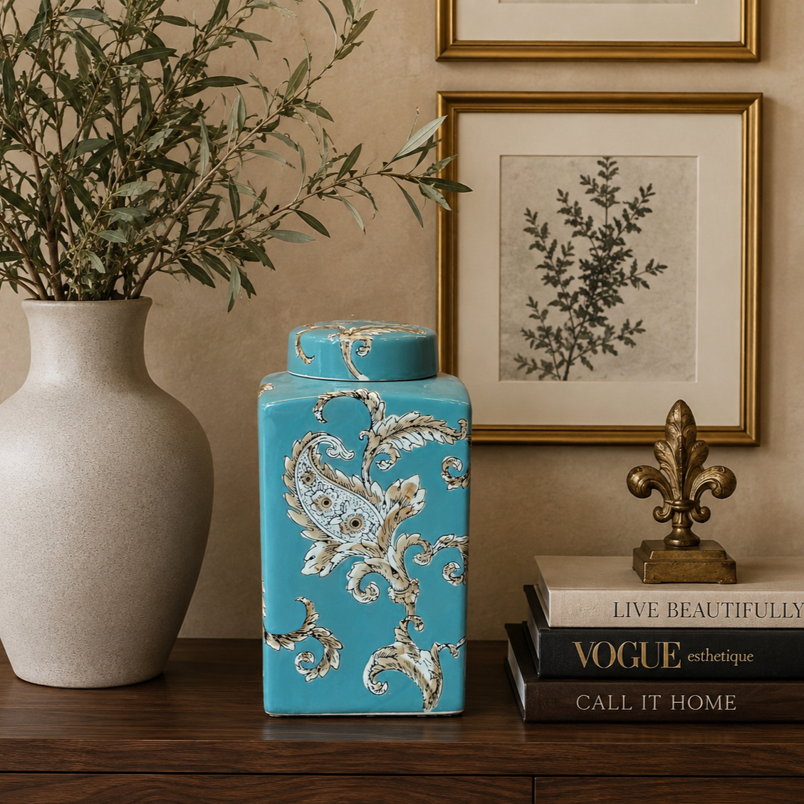Elegant blue ceramic decorative jar styled with artwork, books and olive branches on a luxury console table for sophisticated interior décor.