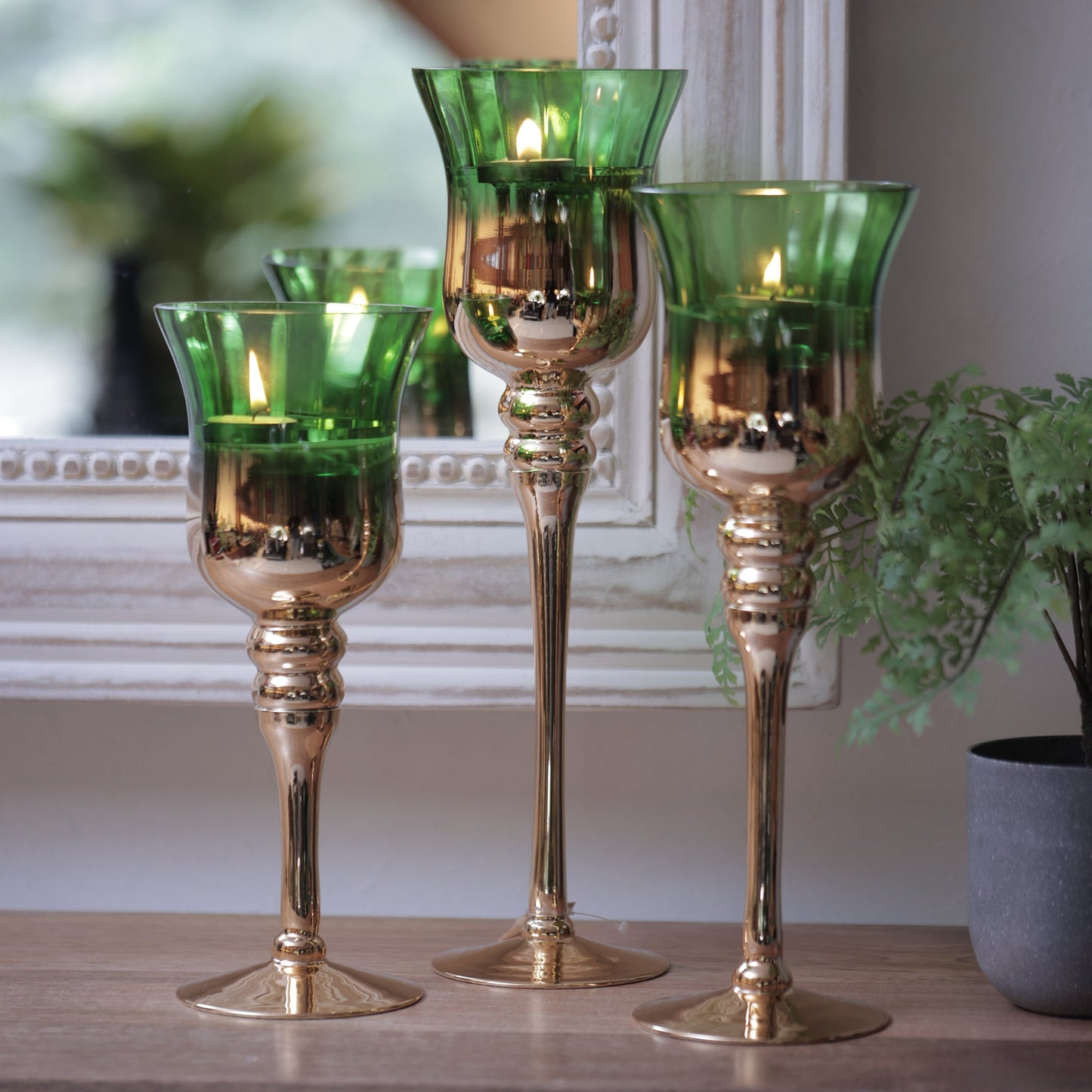 Green/Gold Tall Glass Candle Stand Set Of 3