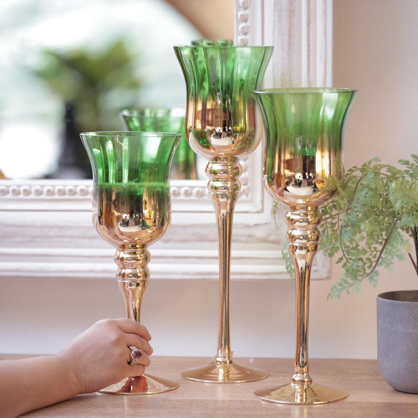Green/Gold Tall Glass Candle Stand Set Of 3