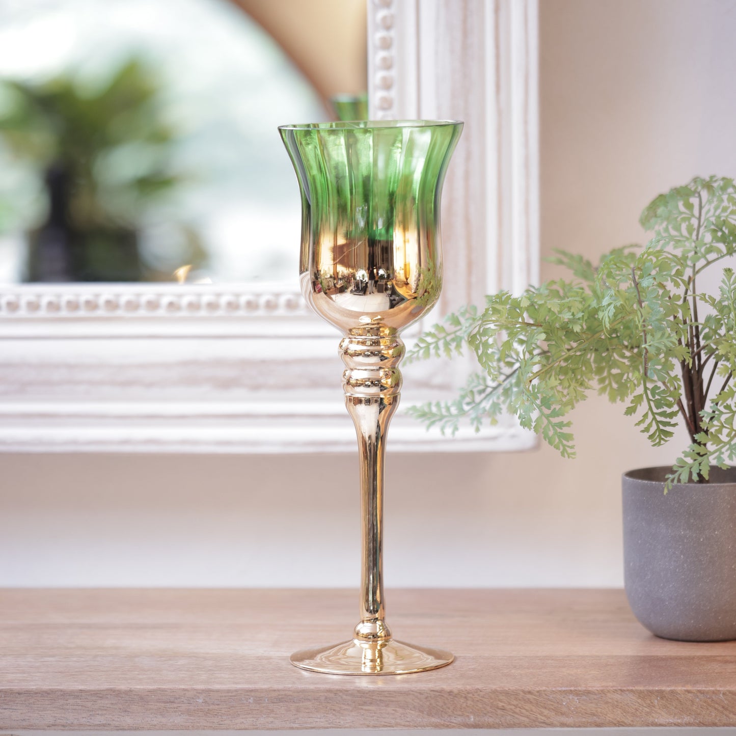Green/Gold Tall Glass Candle Stand Set Of 3