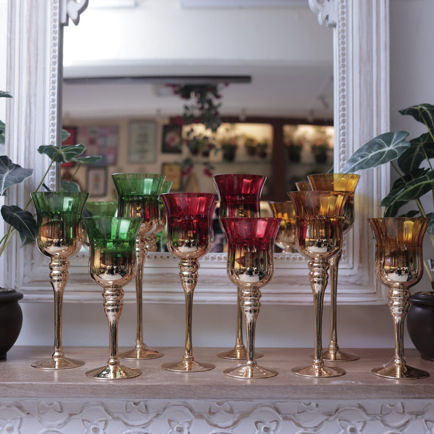 Red/Gold Tall Glass Candle Stand Set Of 3