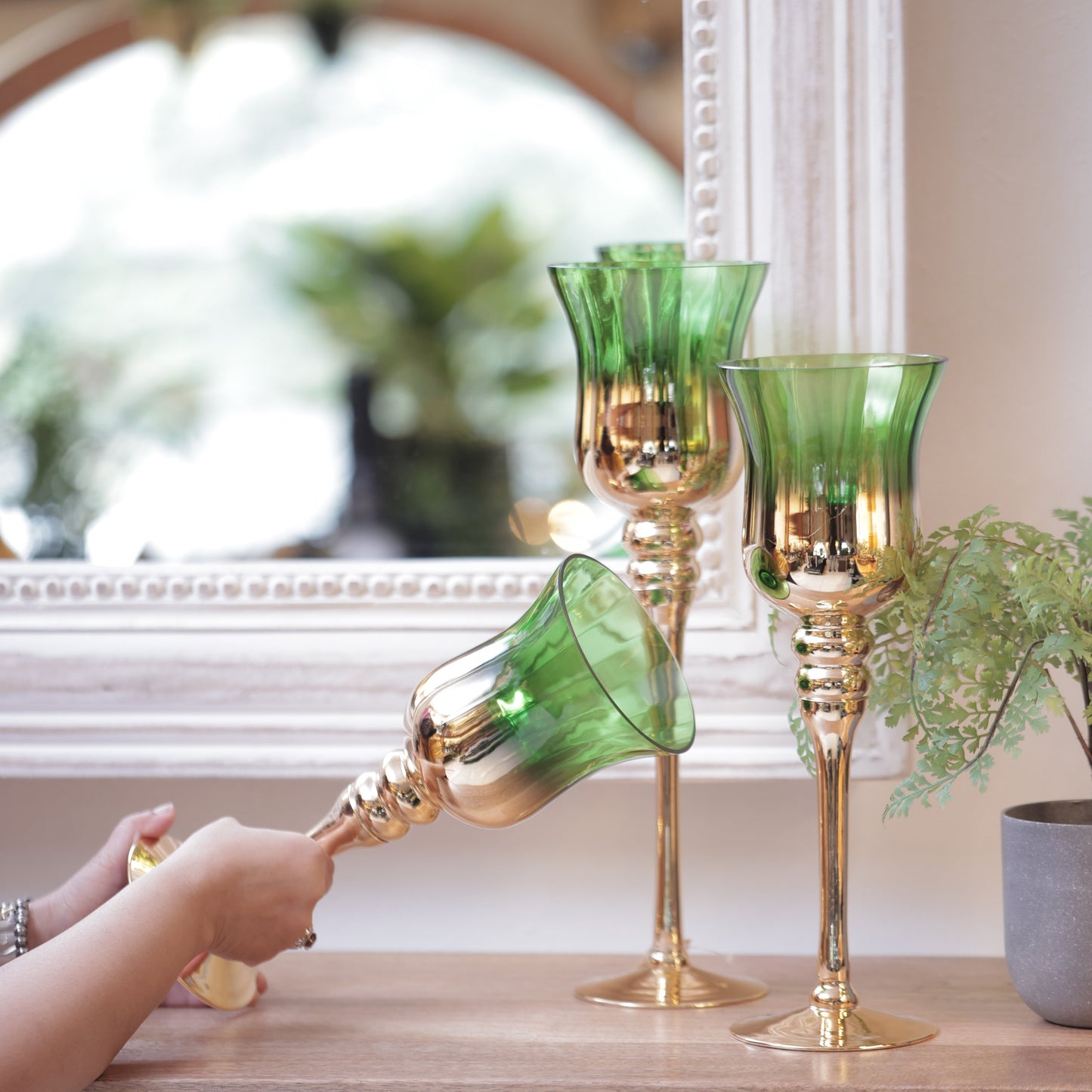 Green/Gold Tall Glass Candle Stand Set Of 3