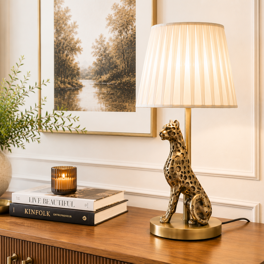 Antique Brass Leopard Lamp