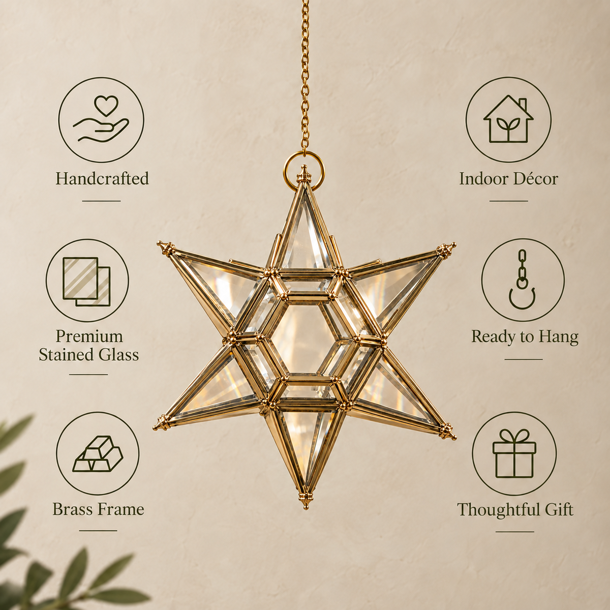 Handcrafted brass hanging star lantern with premium stained glass, ready-to-hang indoor décor featuring handcrafted craftsmanship and thoughtful gift design.