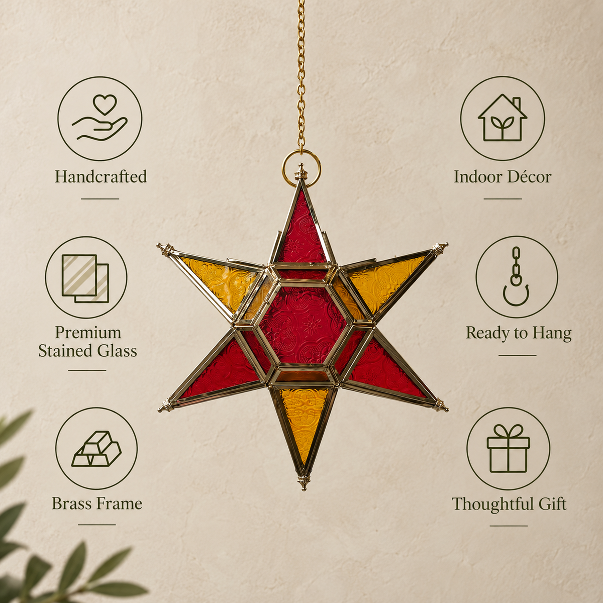 Premium handcrafted stained glass star lantern featuring brass frame, indoor décor design, and ready-to-hang construction.