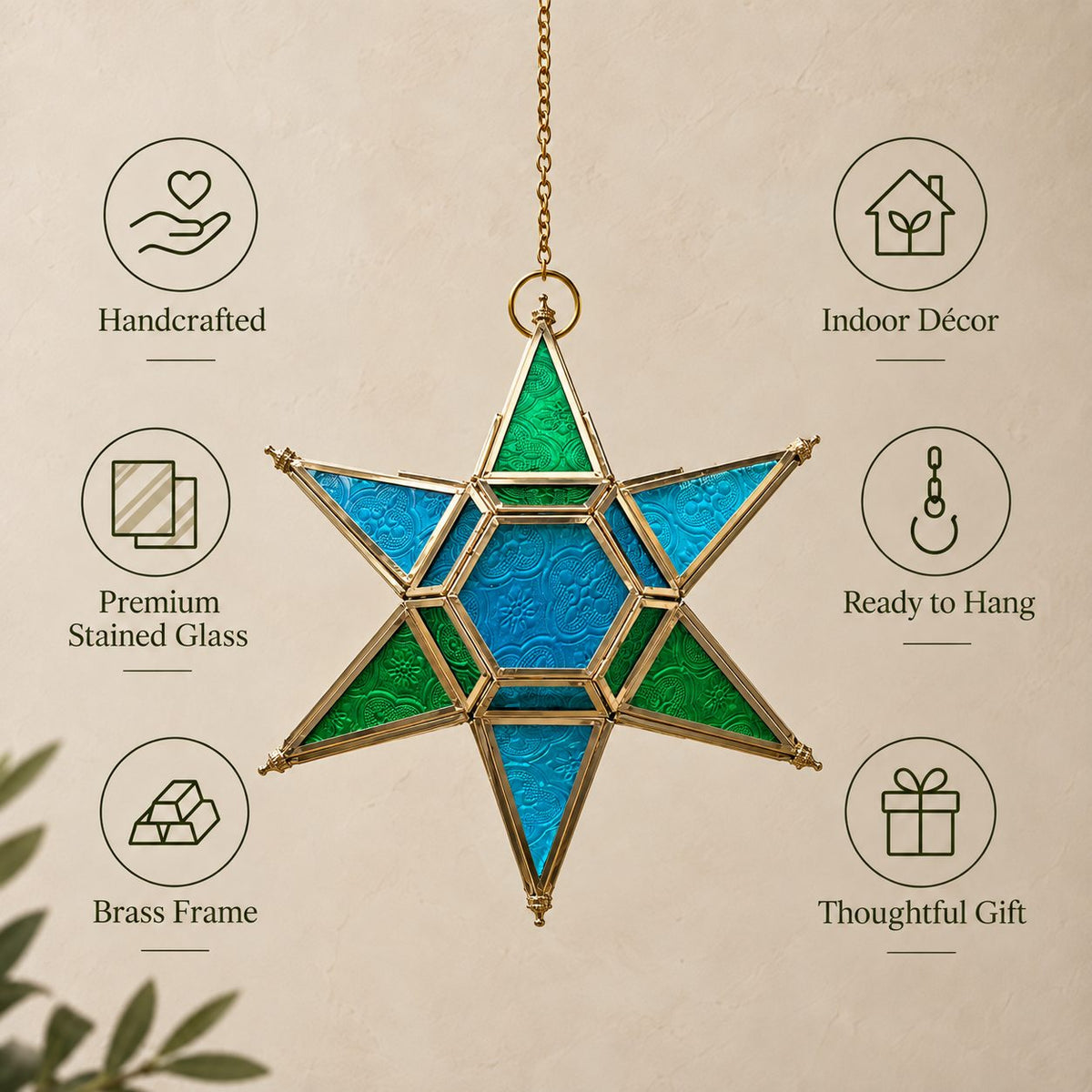 Handcrafted hanging star lantern featuring premium stained glass, brass frame, ready-to-hang design, and elegant indoor décor styling.