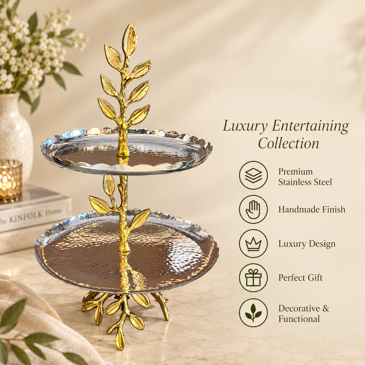 Inara Home Decor luxury two tier leaf serving stand featuring premium stainless steel construction, handmade finish and elegant decorative design for entertaining.