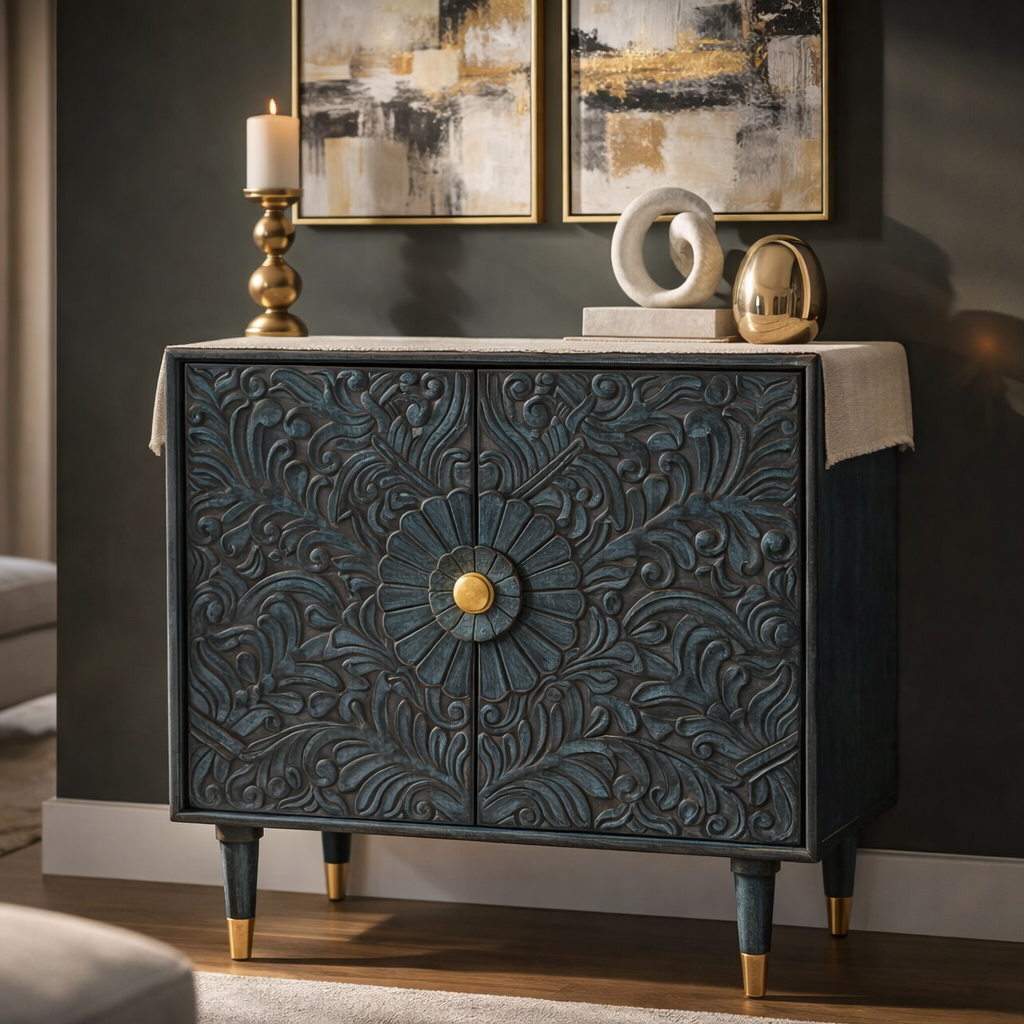 Luxury dark teal carved wooden cabinet with intricate floral detailing styled against a moody wall with sculptural décor and artwork.