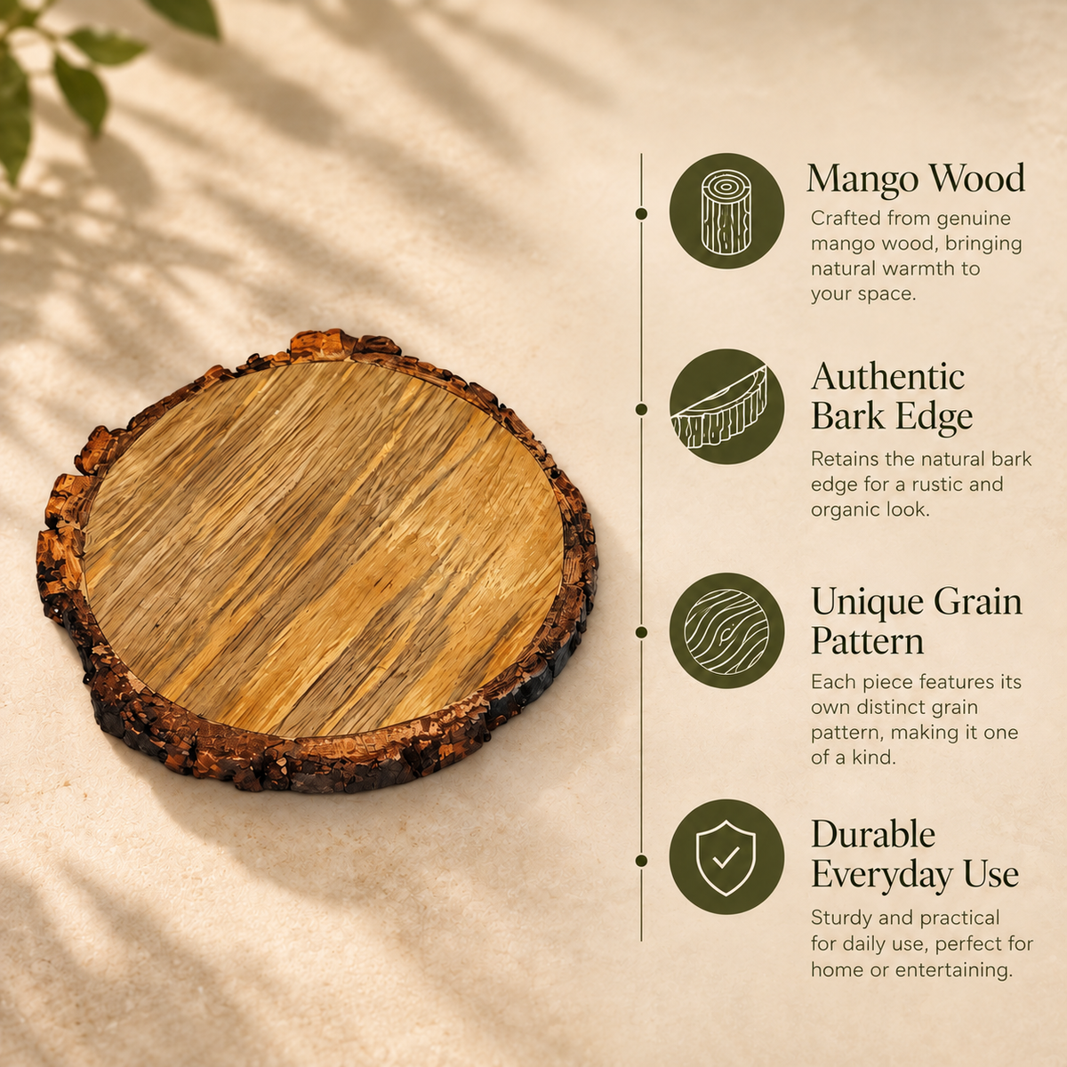 Handcrafted round mango wood coaster featuring natural bark edge, unique grain pattern, and durable everyday use.
