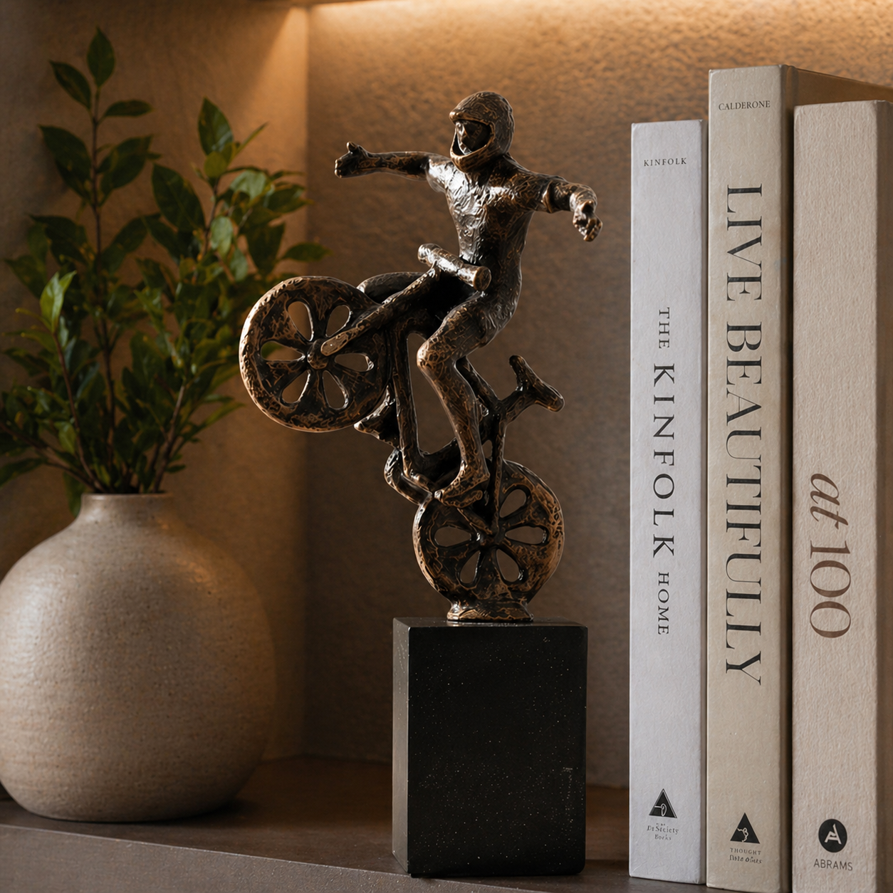 Modern biker sculpture decor piece styled on a niche shelf with books, ceramic vase, and warm ambient lighting in a contemporary interior setting.
