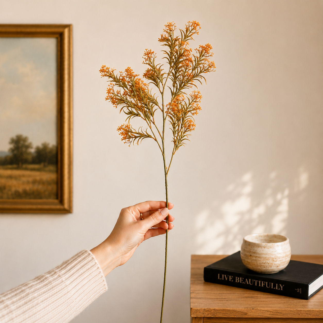 Hand holding a single orange artificial floral stem in a warm, modern home setting with neutral decor, wooden console table, and framed artwork in the background.