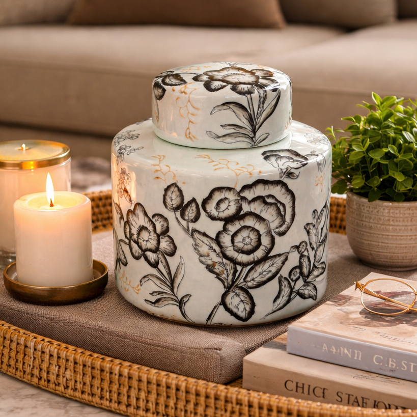 High-end lifestyle image of a pale blue botanical ceramic jar styled on a decorative tray with a candle, green plant, and stacked books on a coffee table in a warm modern living room setting.