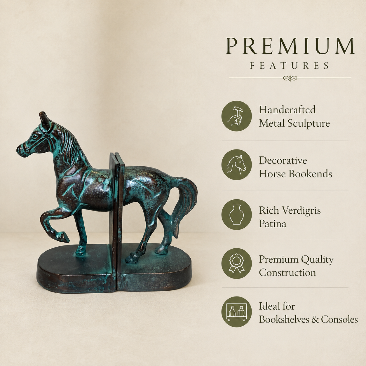 Premium handcrafted horse bookends in a rich verdigris patina finish with a feature panel highlighting handcrafted metal construction, decorative horse design, premium quality, and ideal use for bookshelves and console tables.