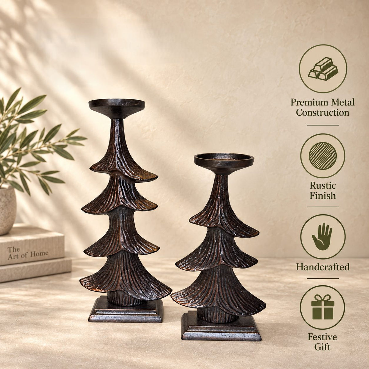 Premium handcrafted metal Christmas tree candle holder set featuring rustic finish, durable construction, and festive gift design.