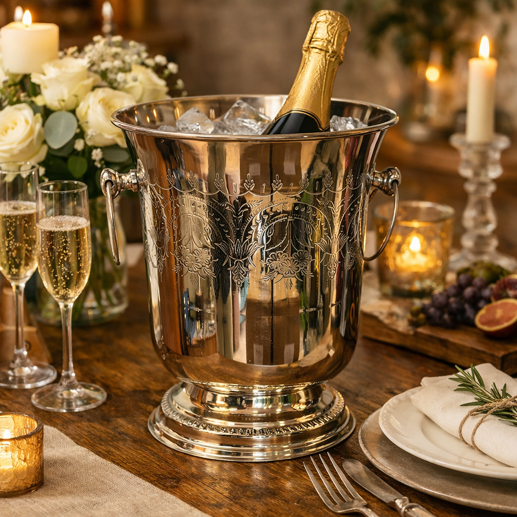 Vintage silver champagne bucket with engraved detailing holding a champagne bottle on an elegant candlelit table setting with crystal flutes, white roses, and rustic wooden décor.
