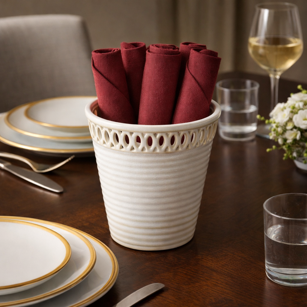White ceramic textured planter used as a napkin holder with rolled maroon linen napkins on a dark wooden dining table with gold rim dinnerware and floral centerpiece, premium modern home décor setup.