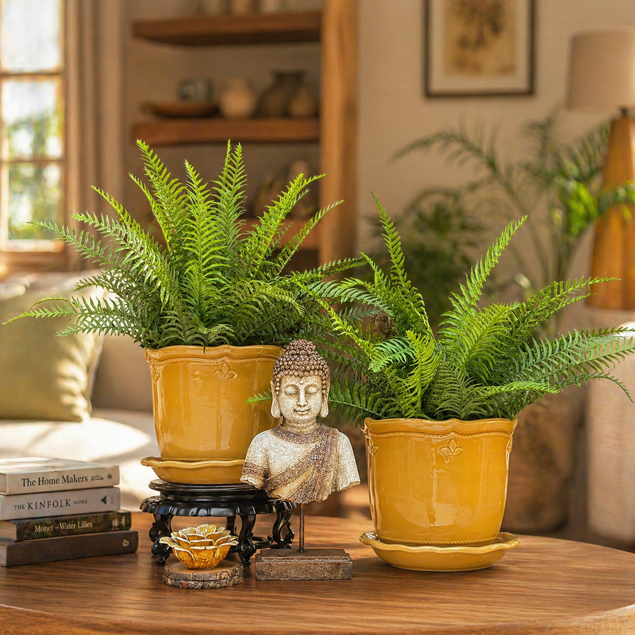 Yellow ceramic planters with lush green ferns and Buddha statue on a wooden table in a cozy indoor living room setting.