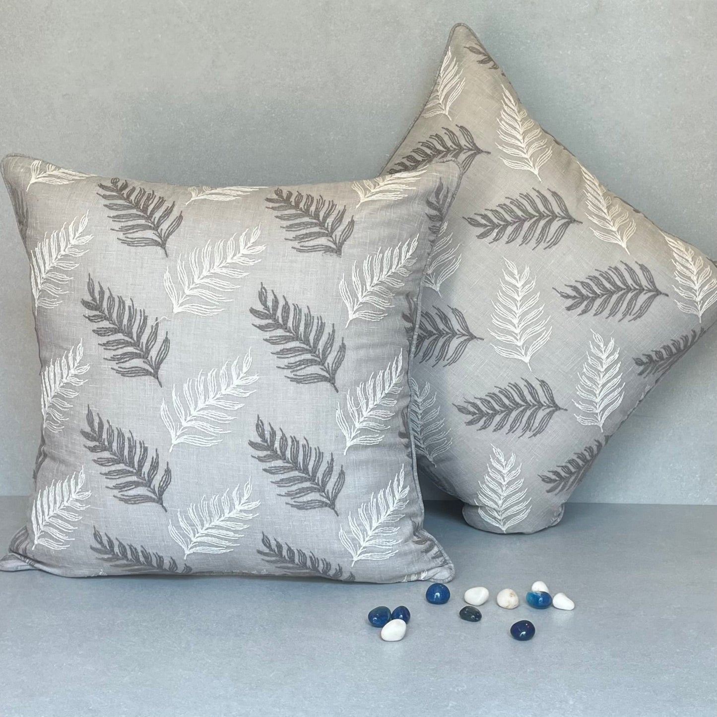 Grey & White Leaf Cushion Cover 18 x 18 – alternate angle | INARA