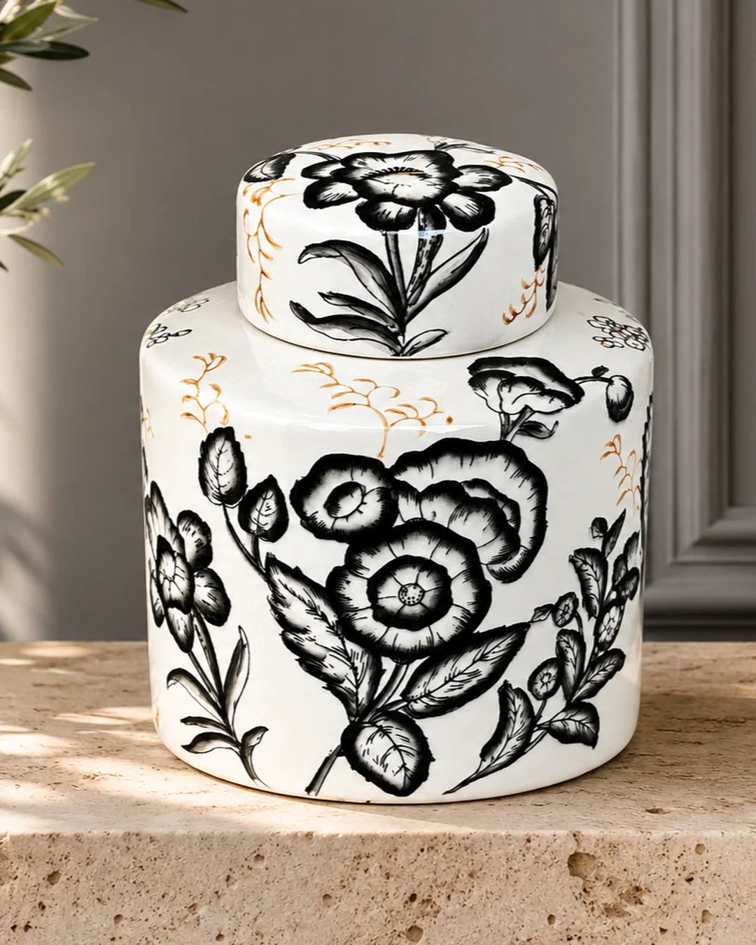 Ebon Ivory Hand-Painted Ceramic Ginger Jar