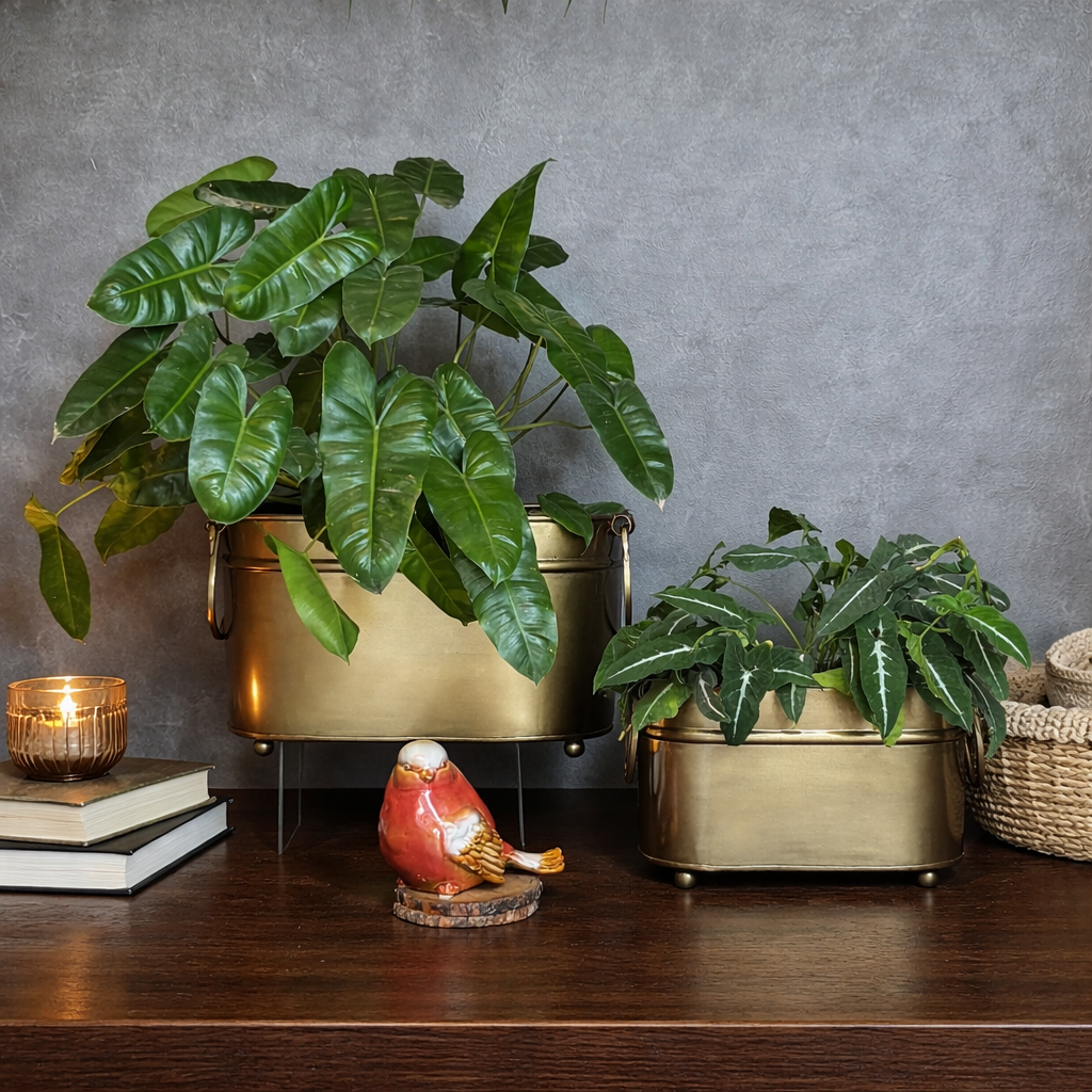 indoor plants styled in brass rectangular planter