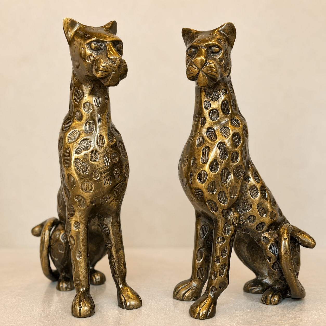Antique Brass Leopard Sculpture Set Of 2