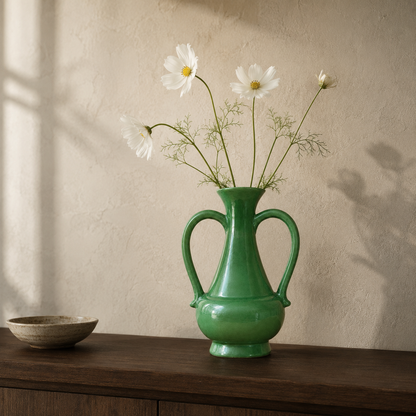 Emerald Crest Ceramic Vase With Handles