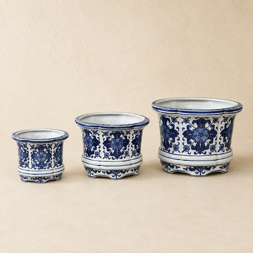 Blue And White Porcelain Floral Round Planter