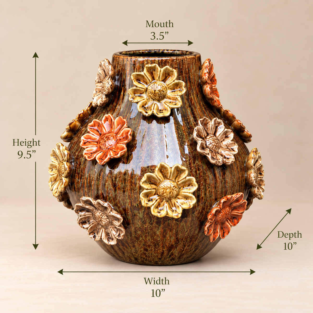 3D floral ceramic vase dimensions showing 9.5 inch height, 10 inch width and 3.5 inch mouth