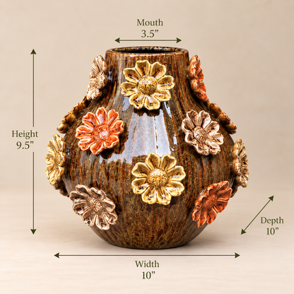 3D floral ceramic vase dimensions showing 9.5 inch height, 10 inch width and 3.5 inch mouth