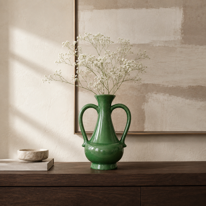 Emerald Crest Ceramic Vase With Handles