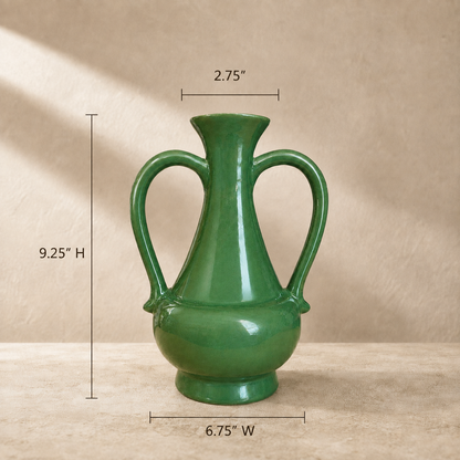 Emerald Crest Ceramic Vase With Handles