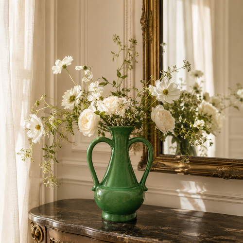 Emerald Crest Ceramic Vase With Handles