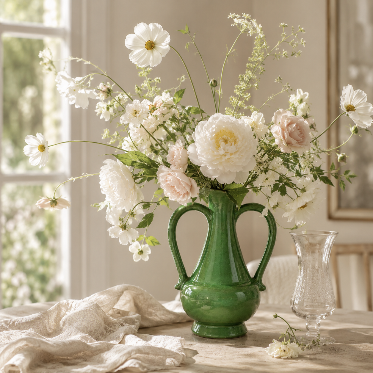 Emerald Crest Ceramic Vase With Handles