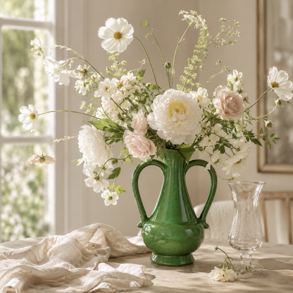 Emerald Crest Ceramic Vase With Handles