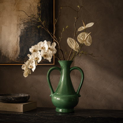 Emerald Crest Ceramic Vase With Handles