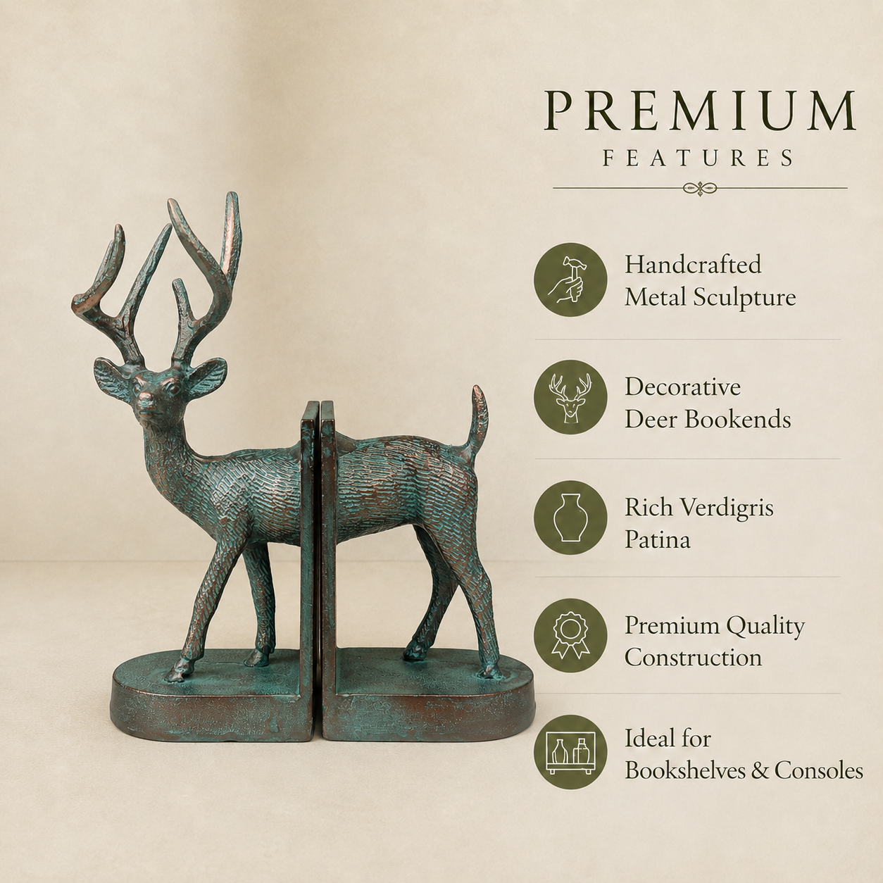 Antique Patina Deer Bookends