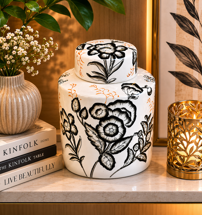 Ebon Ivory Hand-Painted Ceramic Ginger Jar