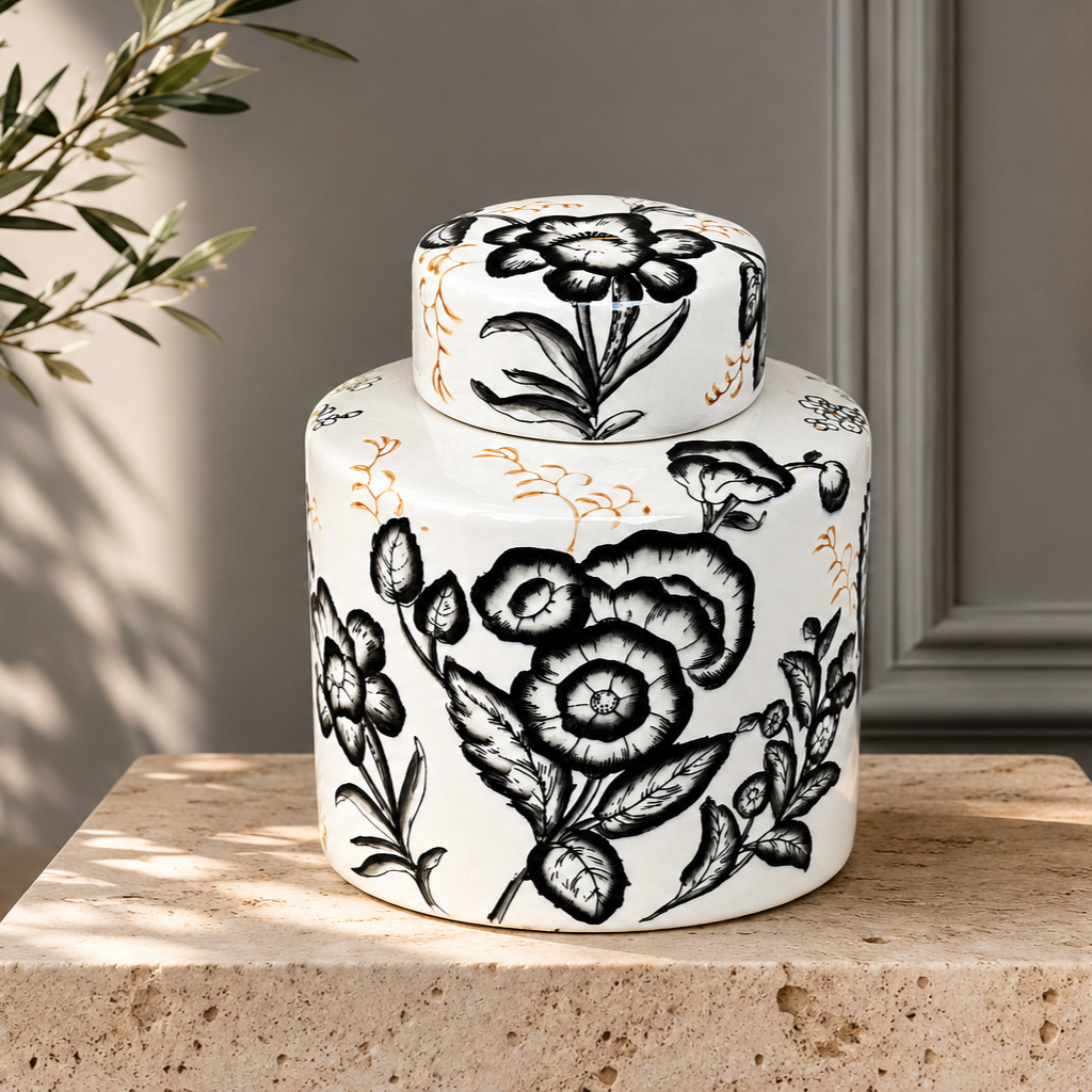 Ebon Ivory Hand-Painted Ceramic Ginger Jar