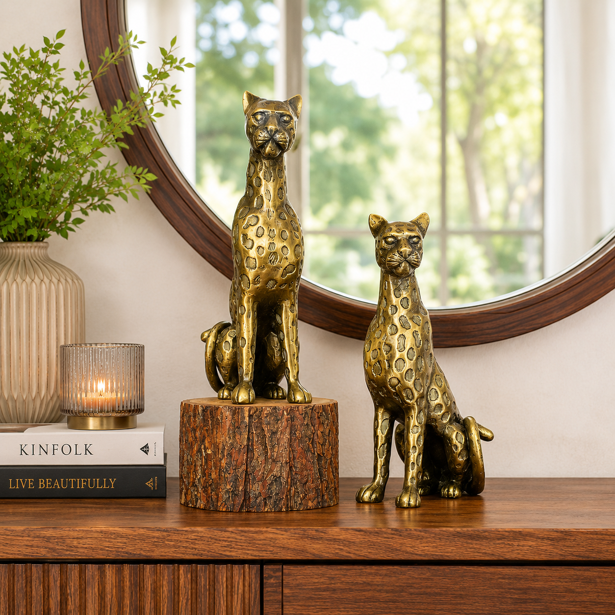 Antique Brass Leopard Sculpture Set
