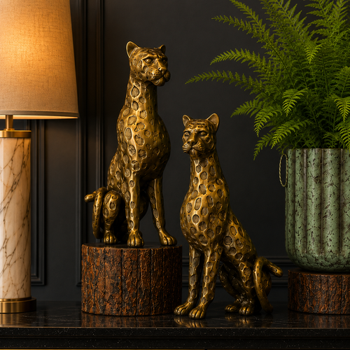 Antique Brass Leopard Sculpture Set Of 2