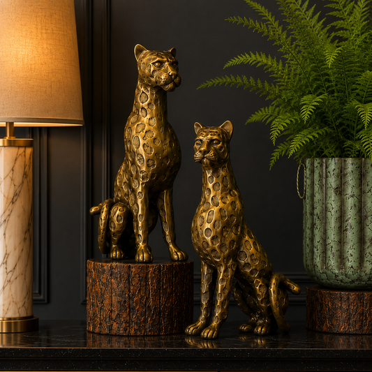 Antique Brass Leopard Sculpture Set