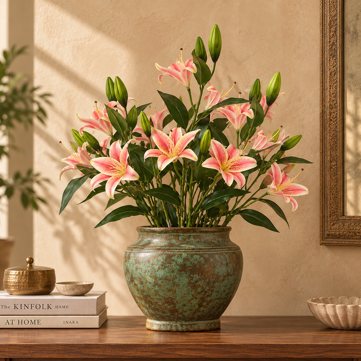 A vibrant arrangement of pink lilies with green buds in a distressed teal ceramic pot, displayed on a wooden console table in a warm, sunlit room.