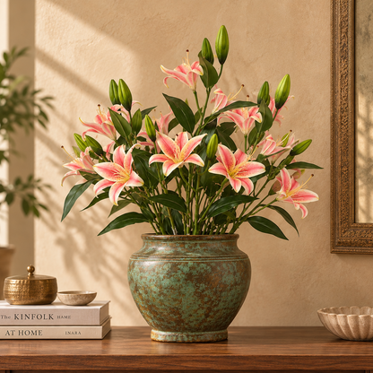 A vibrant arrangement of pink lilies with green buds in a distressed teal ceramic pot, displayed on a wooden console table in a warm, sunlit room.