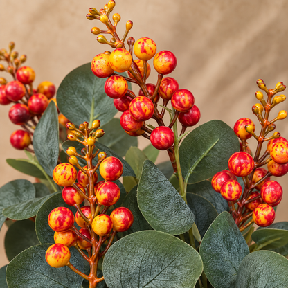 Artificial Red Berry Bunch with Leaves