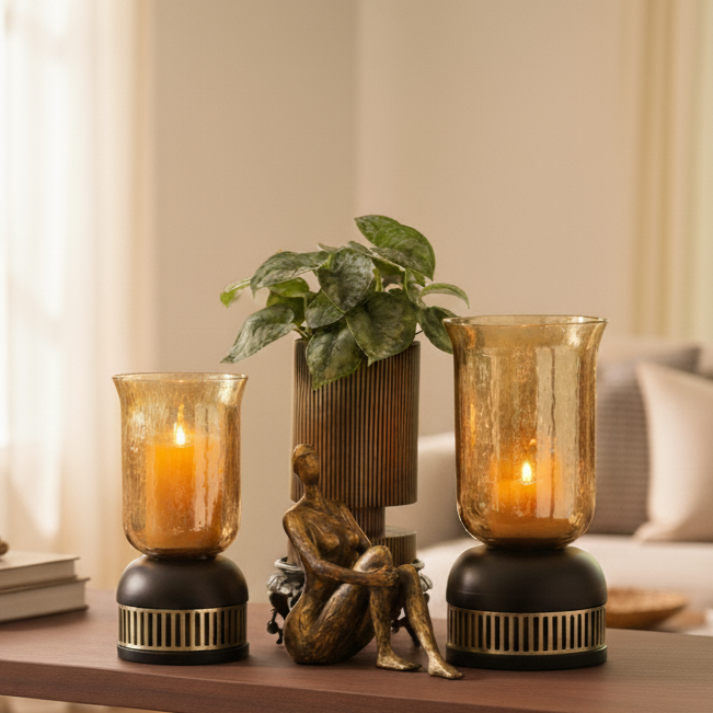 Bell Glass Candlestand With Wooden Base